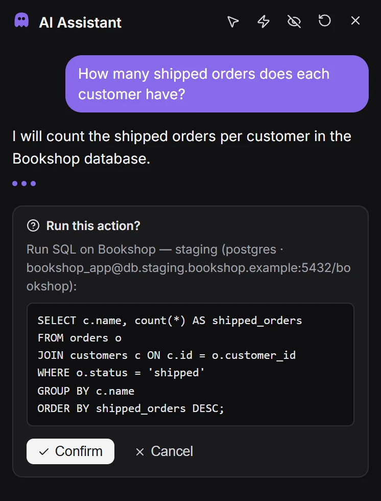 The AI Assistant panel with its header toggles and a "Run this action?" card showing a SQL statement with Confirm and Cancel