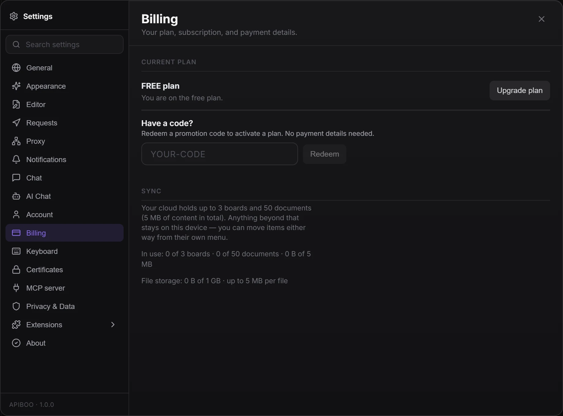 Settings → Billing on a Free account: Current Plan, the Sync usage lines and file storage