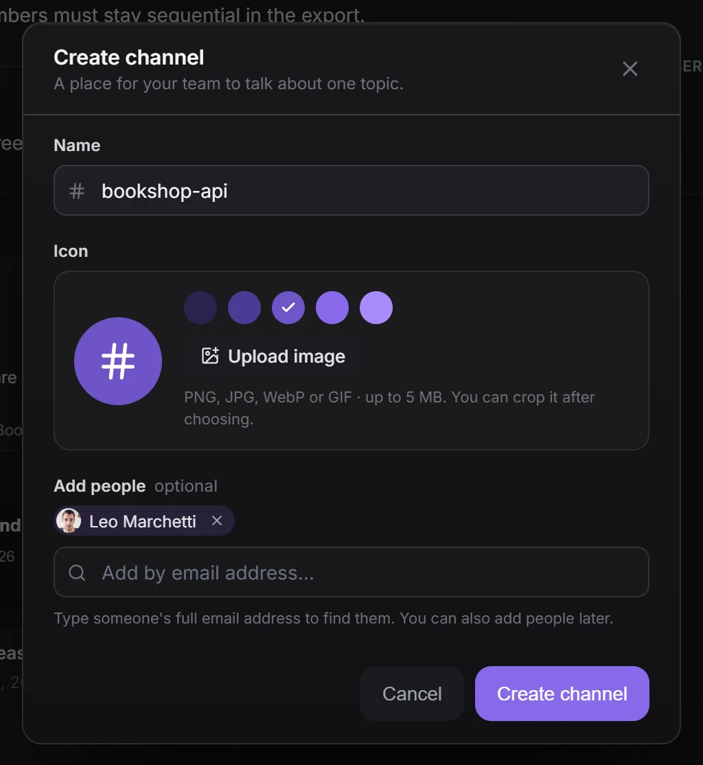 The Create channel modal: the icon card with a colour picked, the name field with its # prefix, and Maya and Leo Marchetti added as members