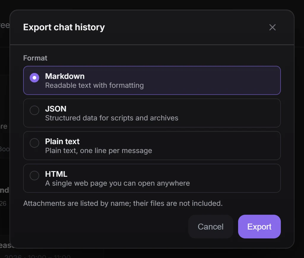 The Export chat history dialog with the four formats: Markdown, JSON, Plain text and HTML