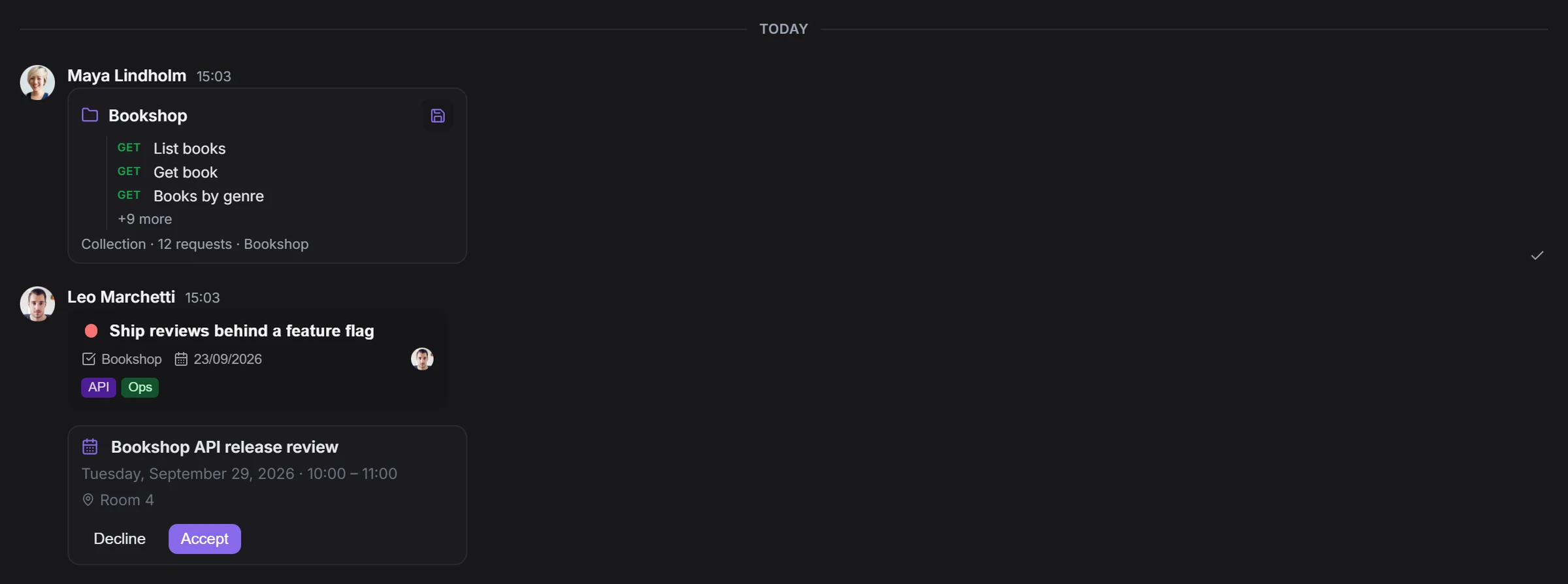 A conversation with a shared task card, a shared collection and an appointment invitation with Accept and Decline