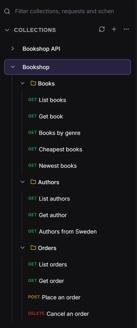 The API Client sidebar with the Bookshop collection expanded into its Books, Authors and Orders folders