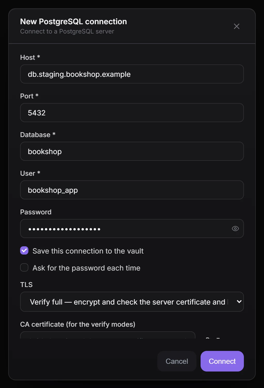The New PostgreSQL connection form for "Bookshop staging", with the TLS list open on Verify full