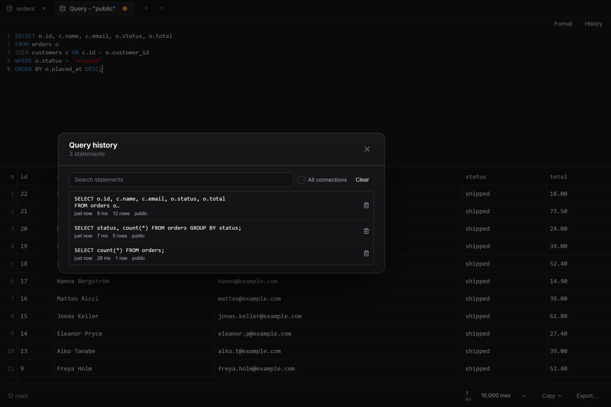 A query tab joining orders and customers: the SQL at the top, Result 1 below, and the Query history dialog open