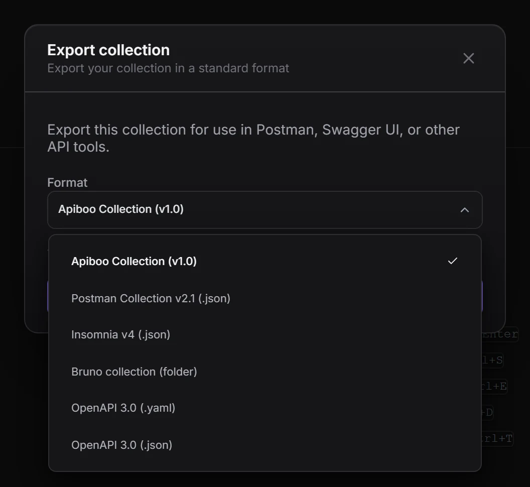 The Export collection dialog for the Bookshop collection with the Format list open