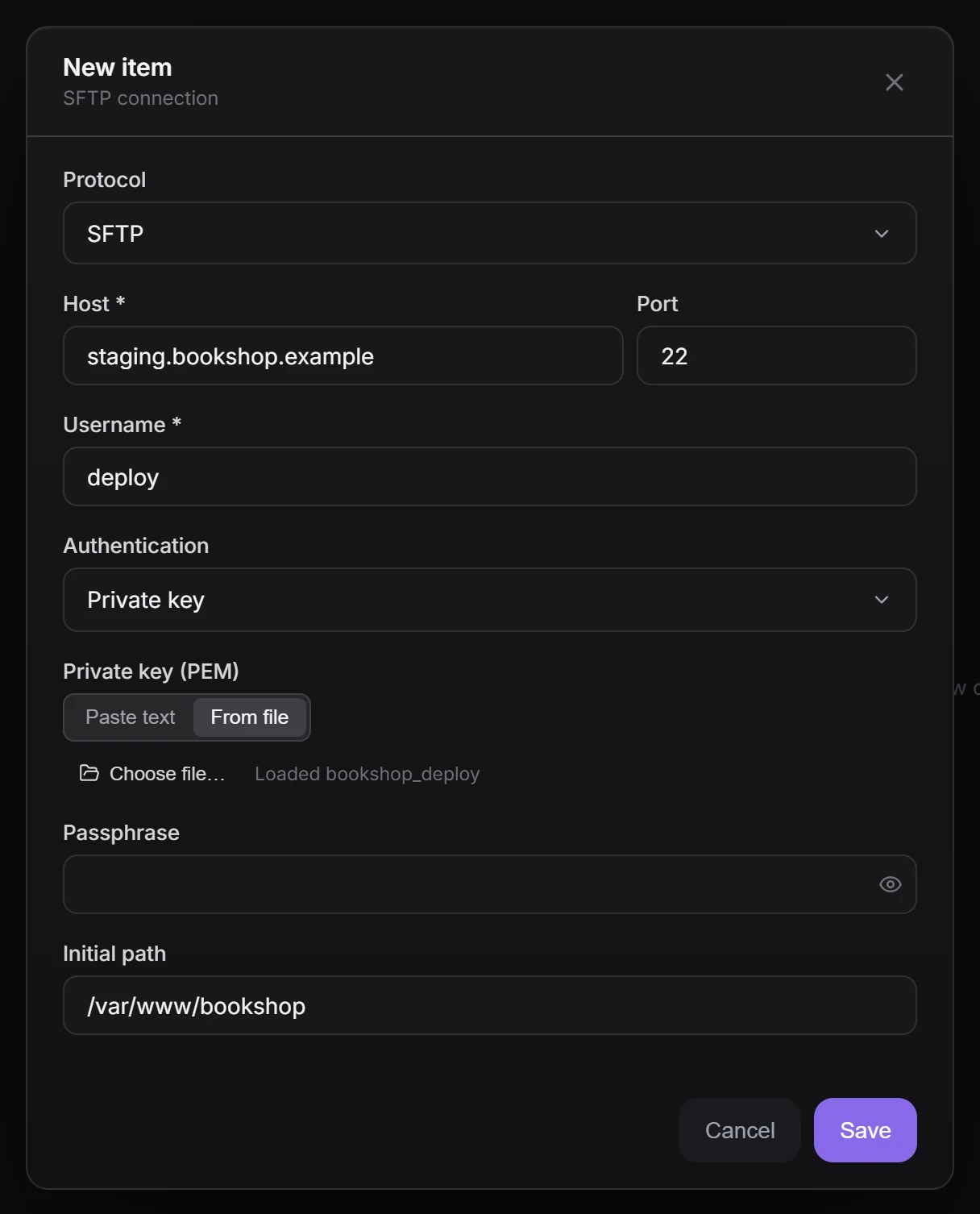 The New item form for an SFTP connection "Bookshop staging": host, port 22, user deploy, a private key from a file and the initial path /var/www/bookshop