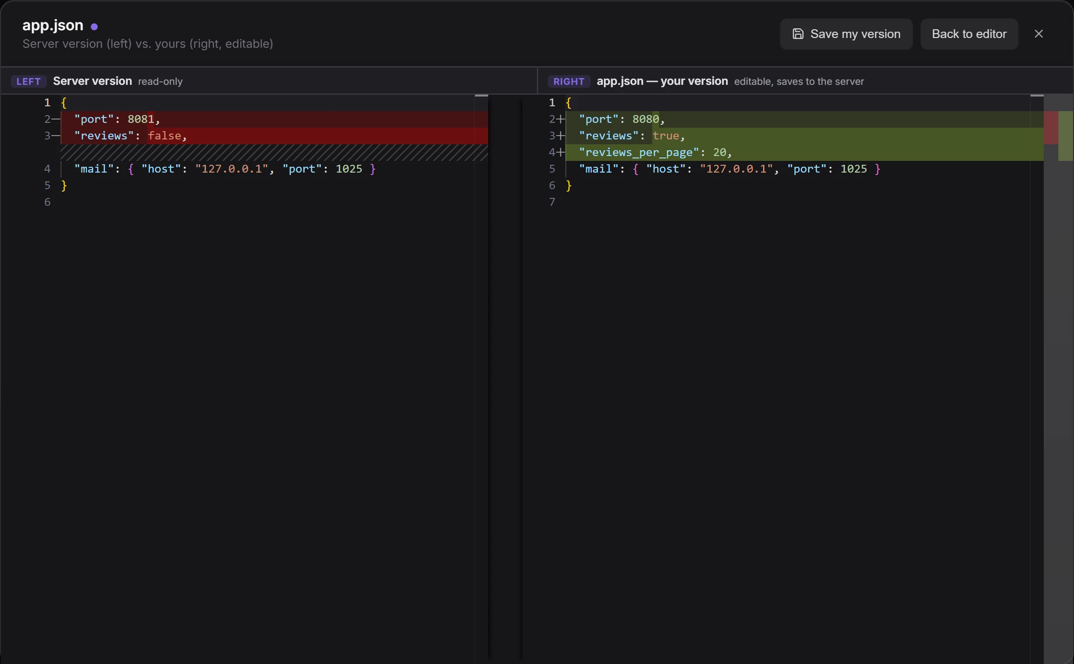 The file editor's diff view for config/app.json: the server version on the left, your edited version on the right, and Save my version