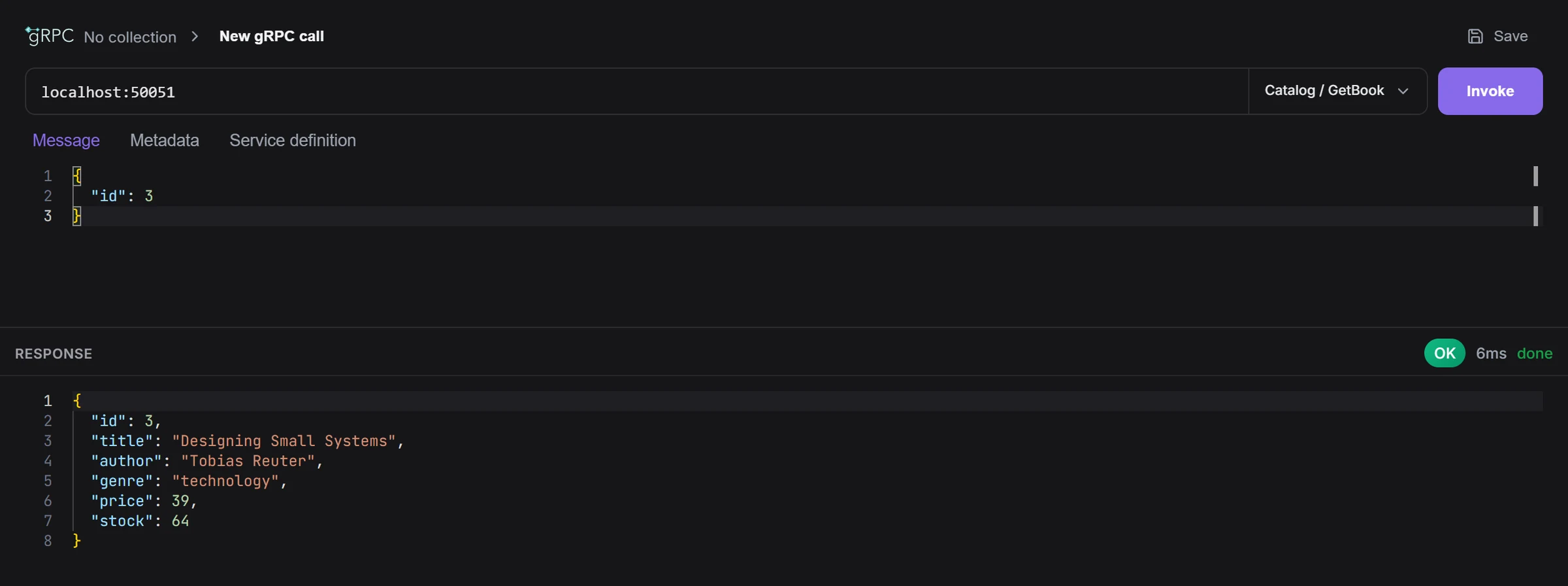 A gRPC tab calling bookshop.v1.Catalog / GetBook: the method picker, the JSON message and the response with status OK and trailers