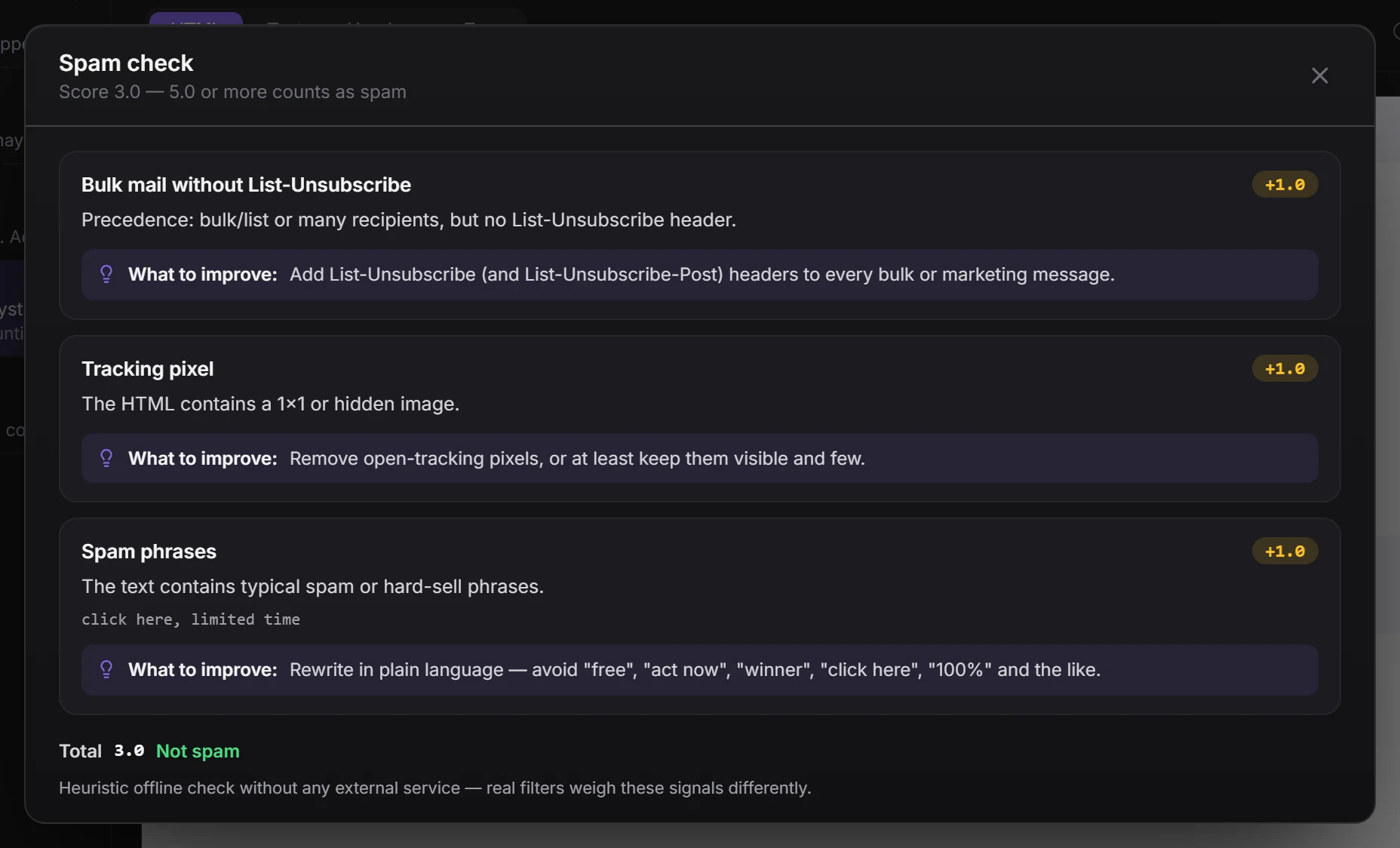 The Spam check for a newsletter: cards for Bulk mail without List-Unsubscribe and Tracking pixel, and the total