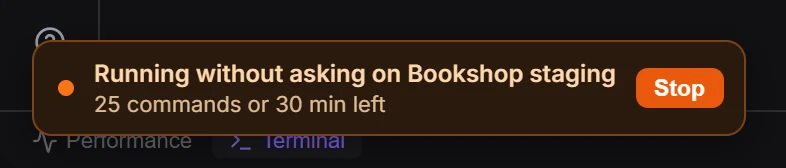 The "Running without asking on Bookshop staging" pill with the commands and minutes left and its Stop button