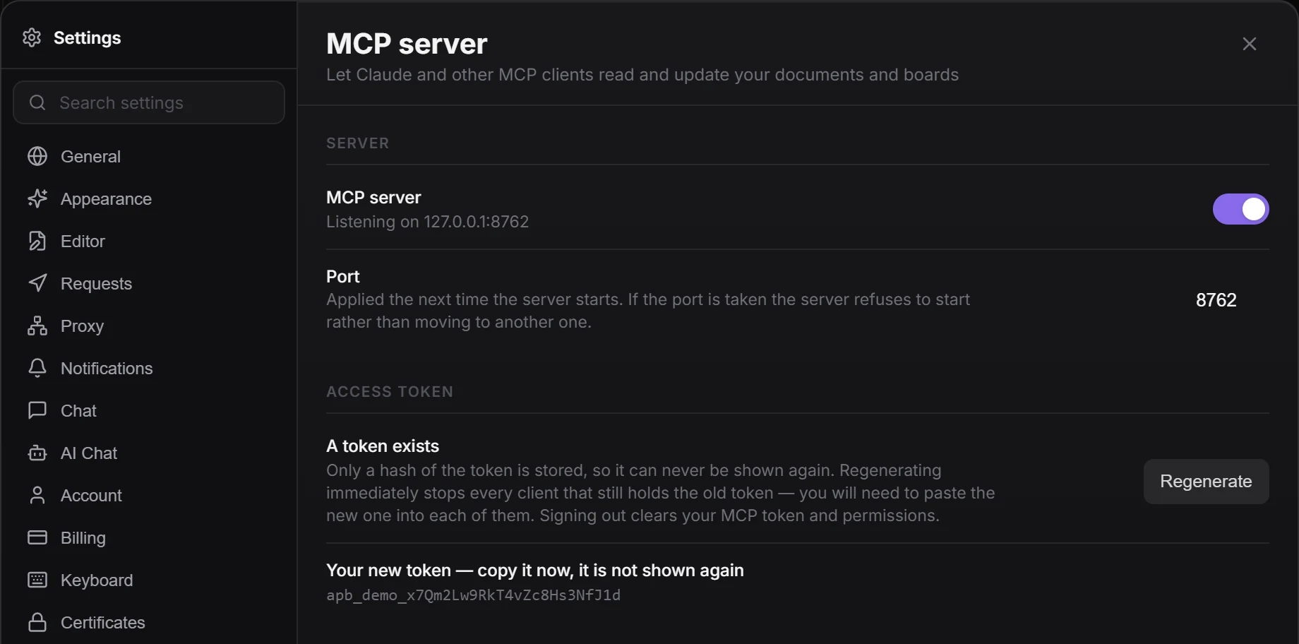 The Server and Access token sections: the MCP server switch on with "Listening on 127.0.0.1:8762", and the new token shown once