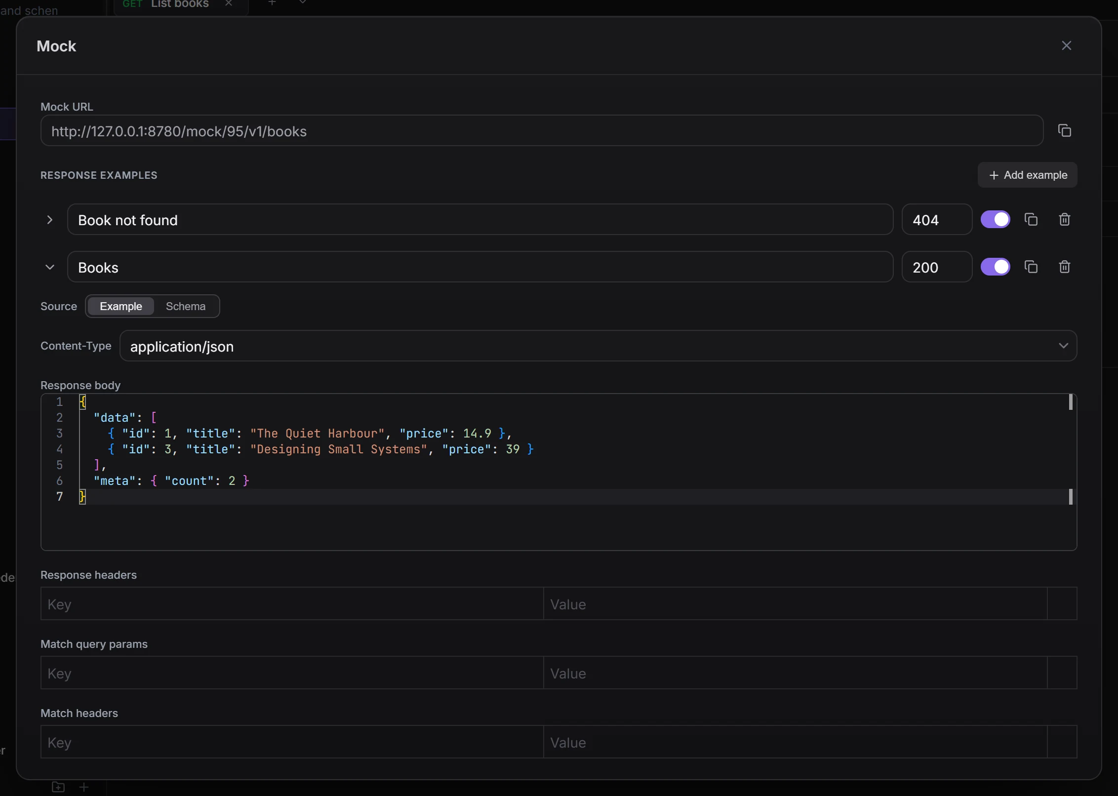 The Mock dialog for GET /v1/books with the mock URL and two response examples, 200 and 404