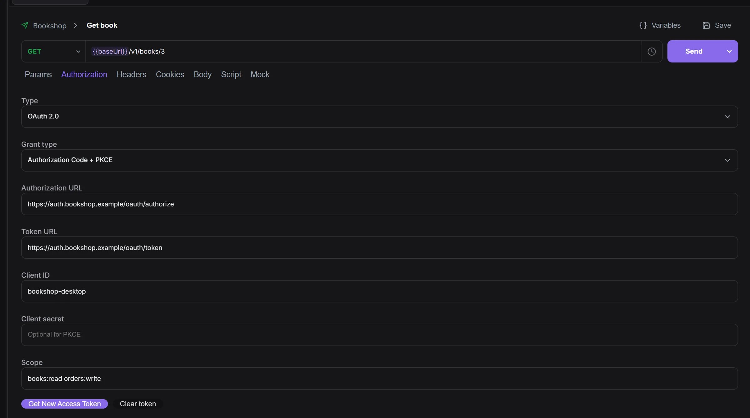 The Authorization tab with OAuth 2.0 selected and the Authorization Code + PKCE fields filled in