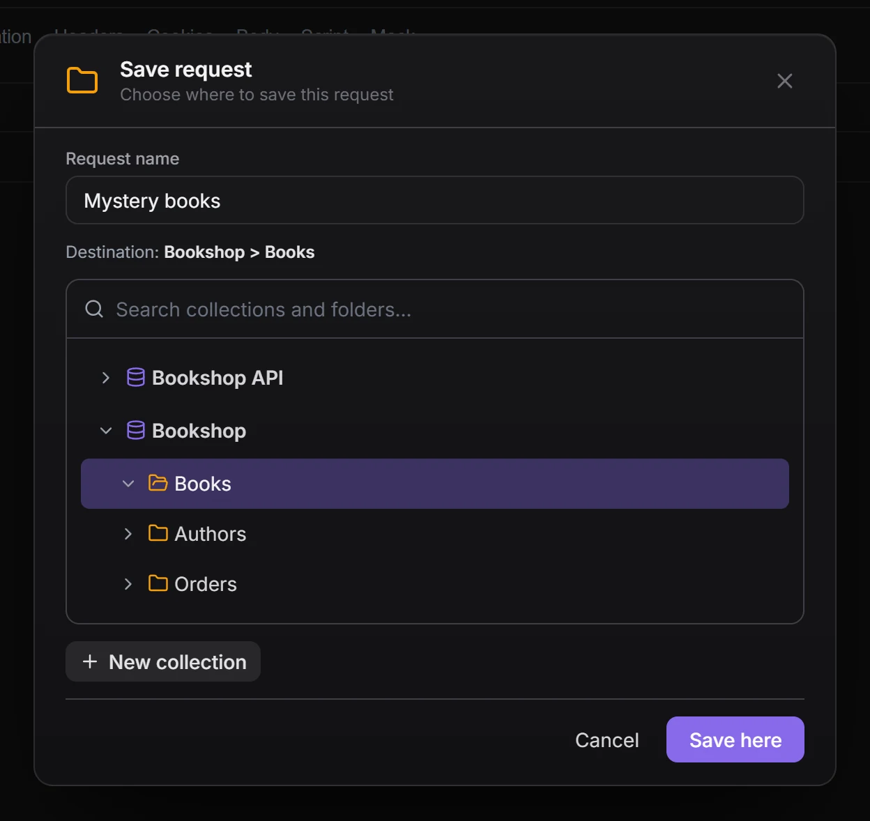 The Save request dialog with the Bookshop collection and its Books folder chosen as the destination