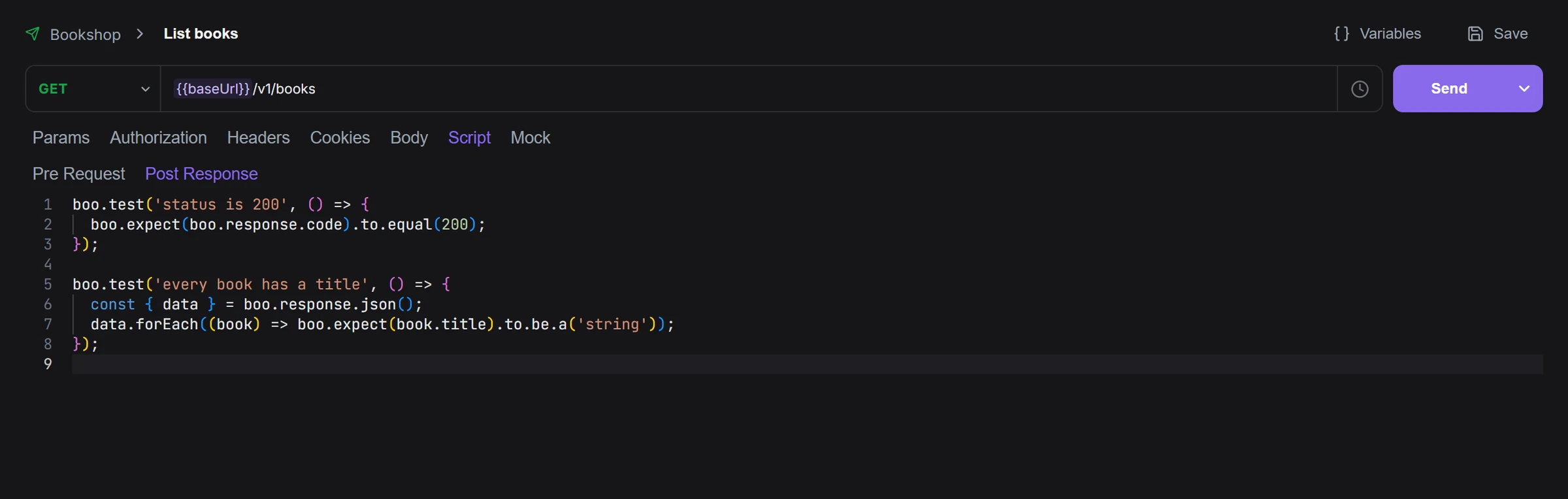 The Script tab of GET /v1/books with Post Response open and two boo.test calls