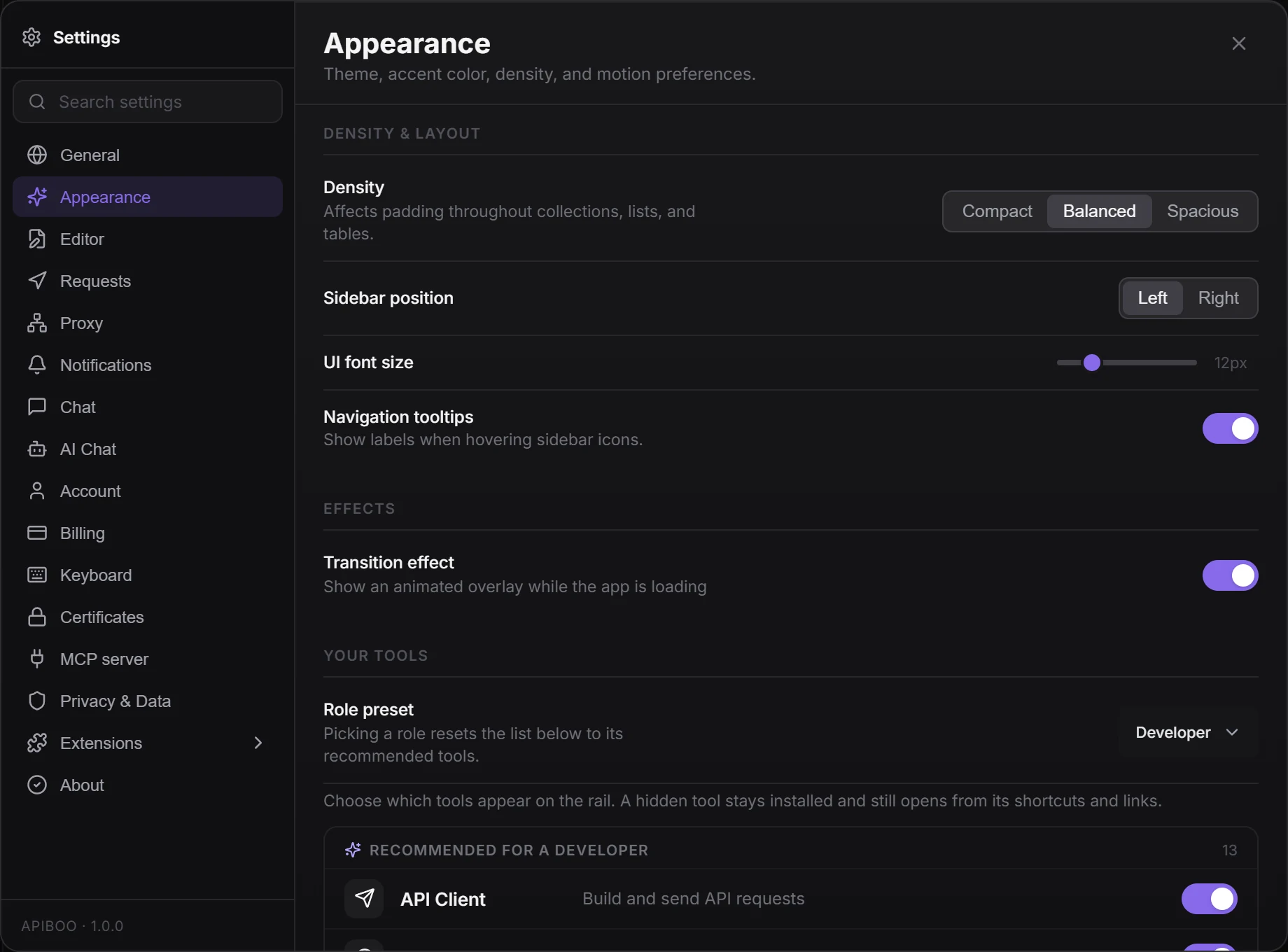 Settings open on Appearance: Theme, Density & Layout, Effects and Your tools
