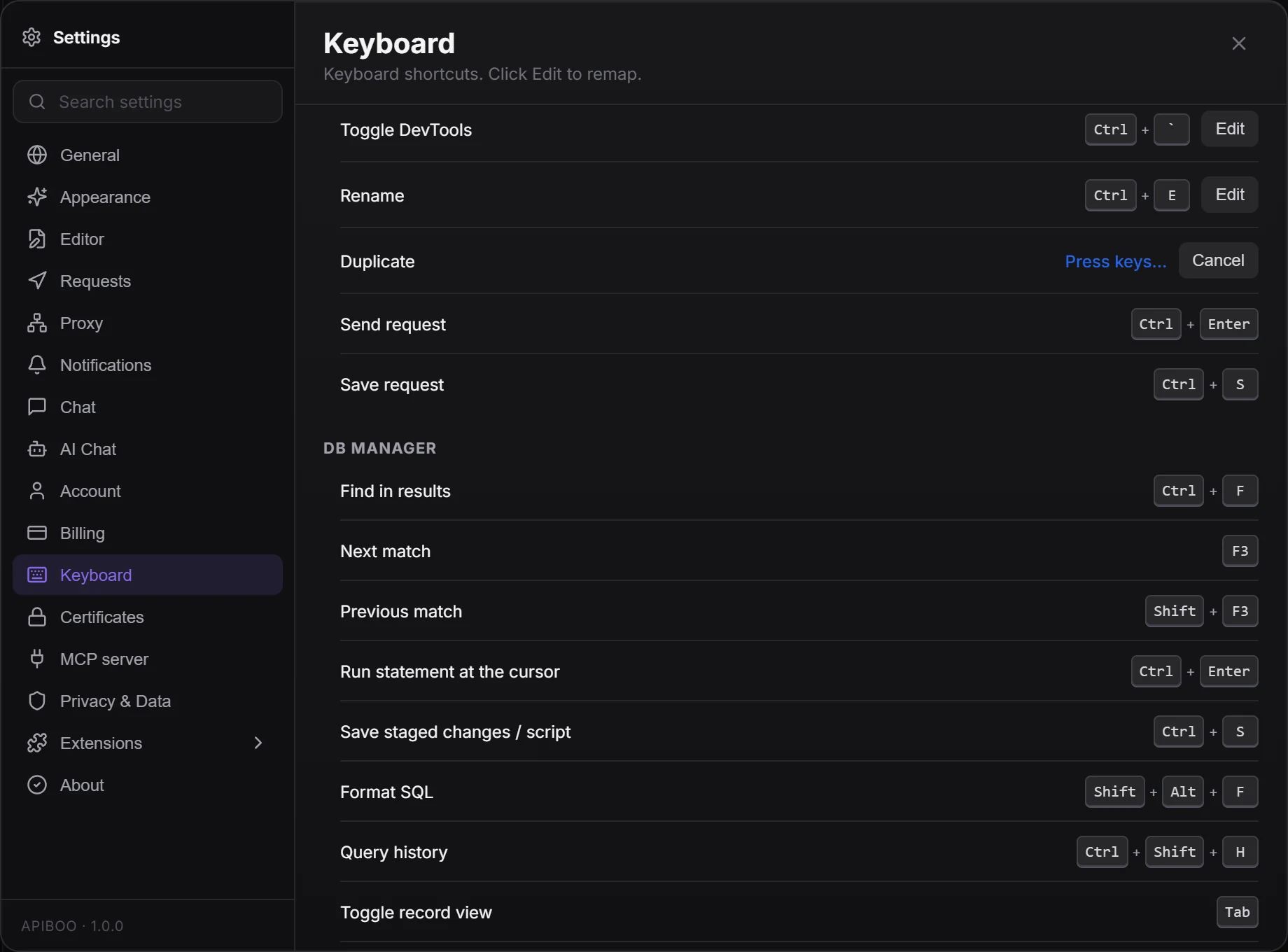 Settings → Keyboard with the Base, DB Manager and Terminal groups, one row recording new keys