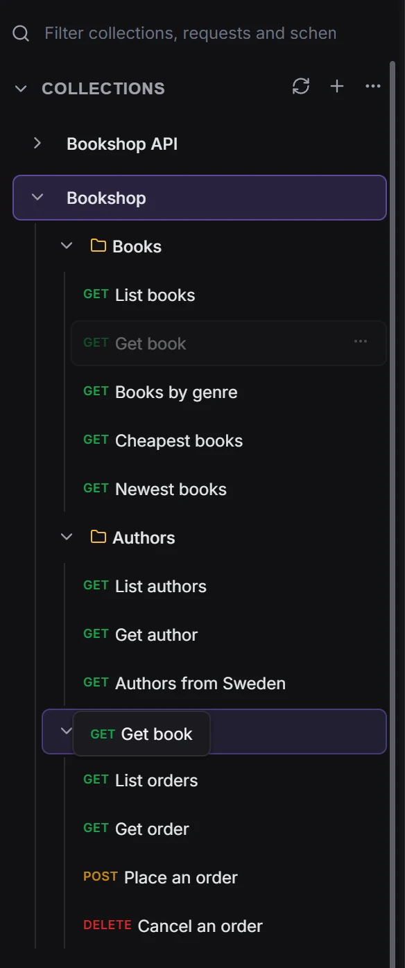 Dragging the Get book request from the Books folder into the Orders folder, with the drop target highlighted