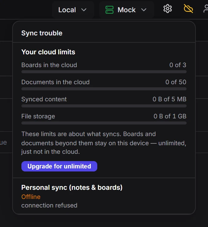 The Sync trouble panel open under the cloud icon, listing Personal sync (notes & boards) as Offline