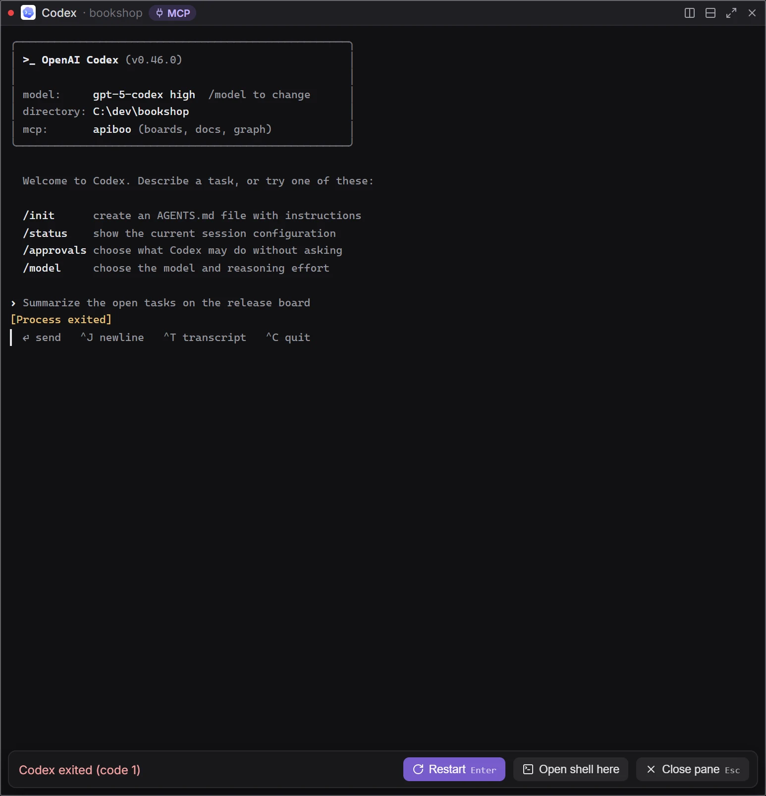 A pane after Codex exited with code 1: the exit bar with Restart, Open shell here and Close pane