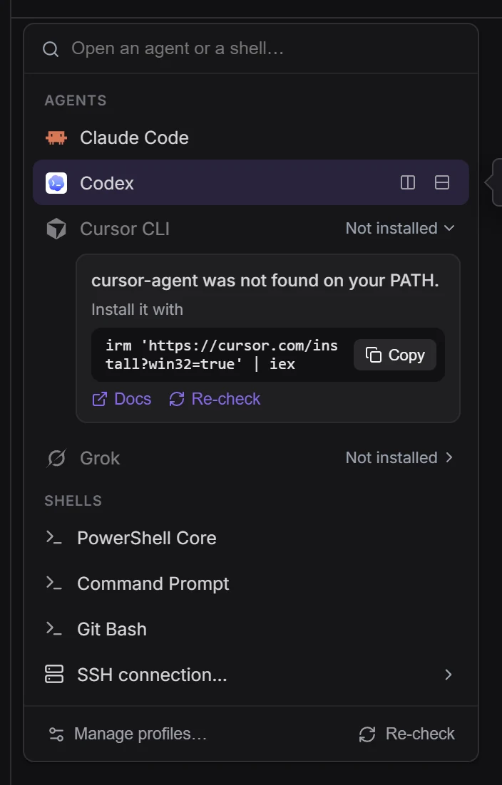 The + menu: Claude Code and Codex installed, Cursor CLI "Not installed" with its install hint open, then the Shells and SSH connection…
