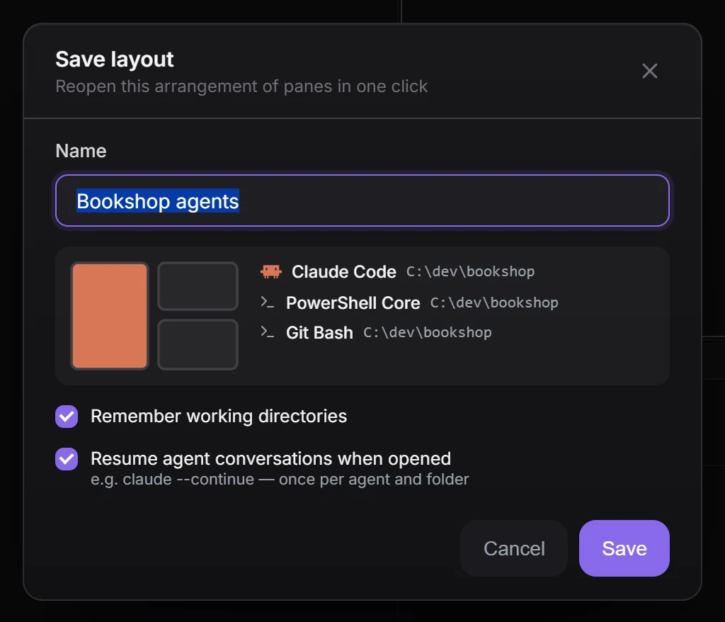 The Save layout dialog for "Bookshop agents": the thumbnail, three panes with their folders, and both options ticked