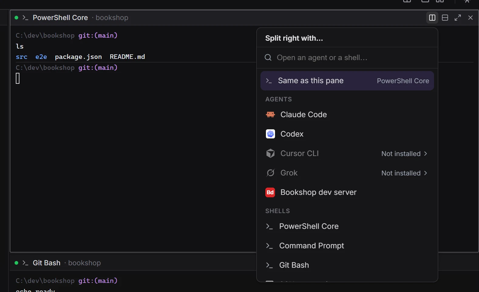 The Split right with… list open from a pane header: Same as this pane, the Agents with Cursor CLI not installed, and the Shells
