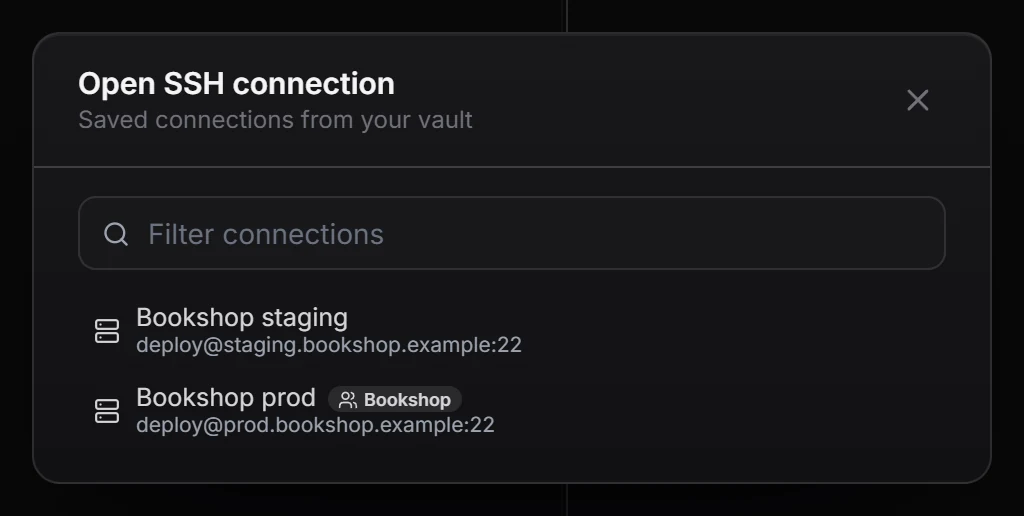 The Open SSH connection dialog with two Bookshop servers, one from Maya's team vault