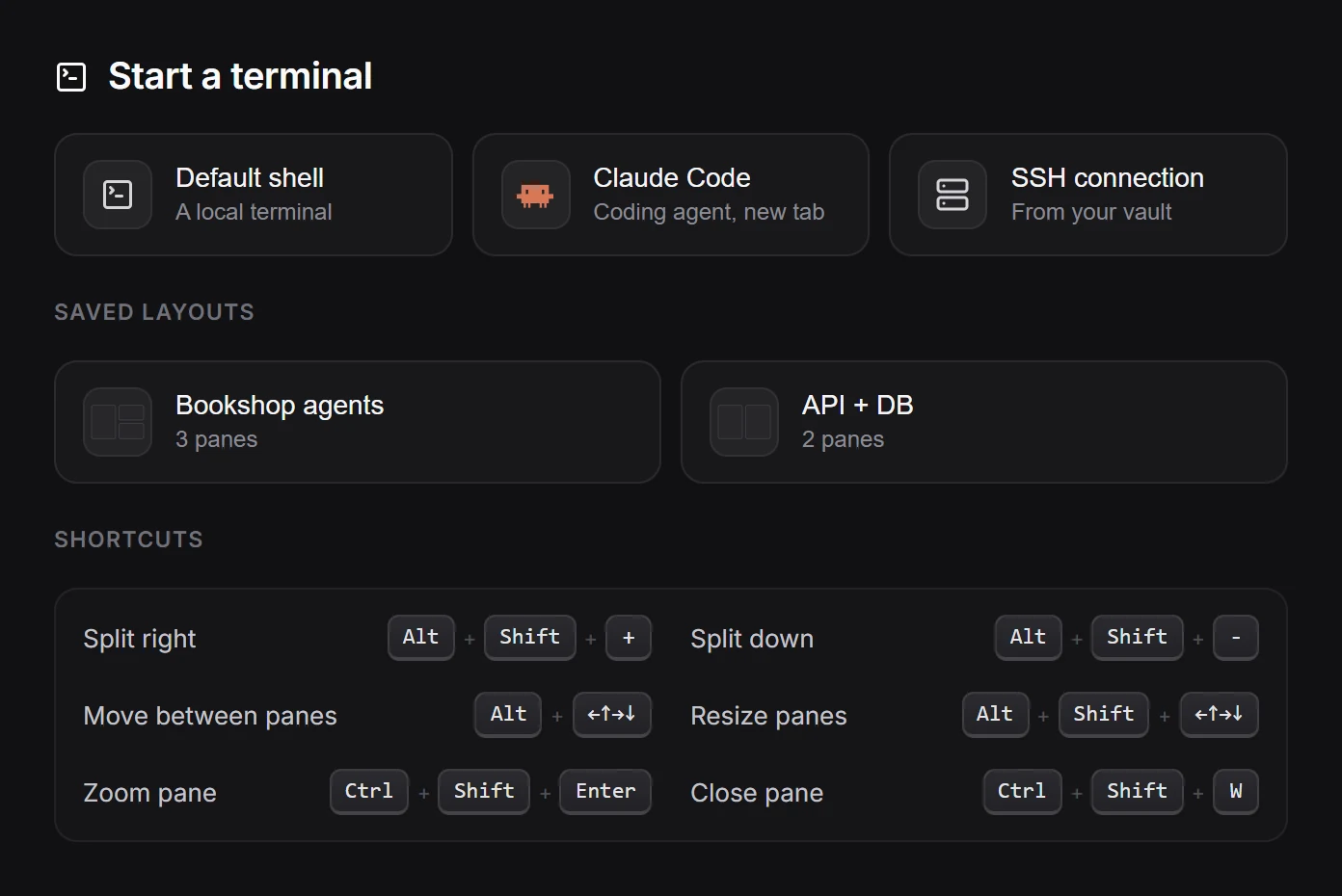 The Terminal start screen: Default shell, Claude Code, SSH connection, two saved layouts and the Shortcuts panel