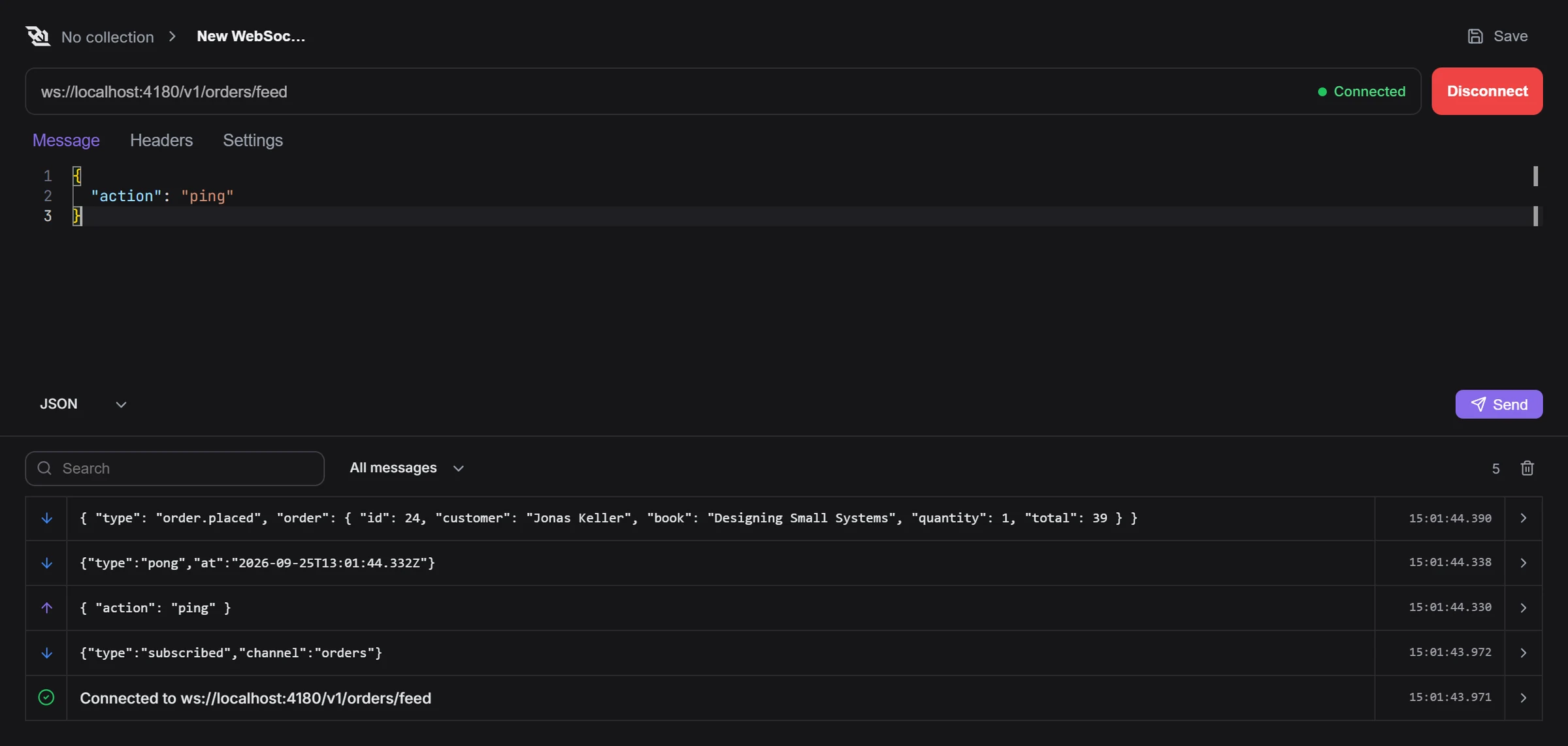 A WebSocket tab connected to the Bookshop orders feed: the Message editor and the log with sent and received messages