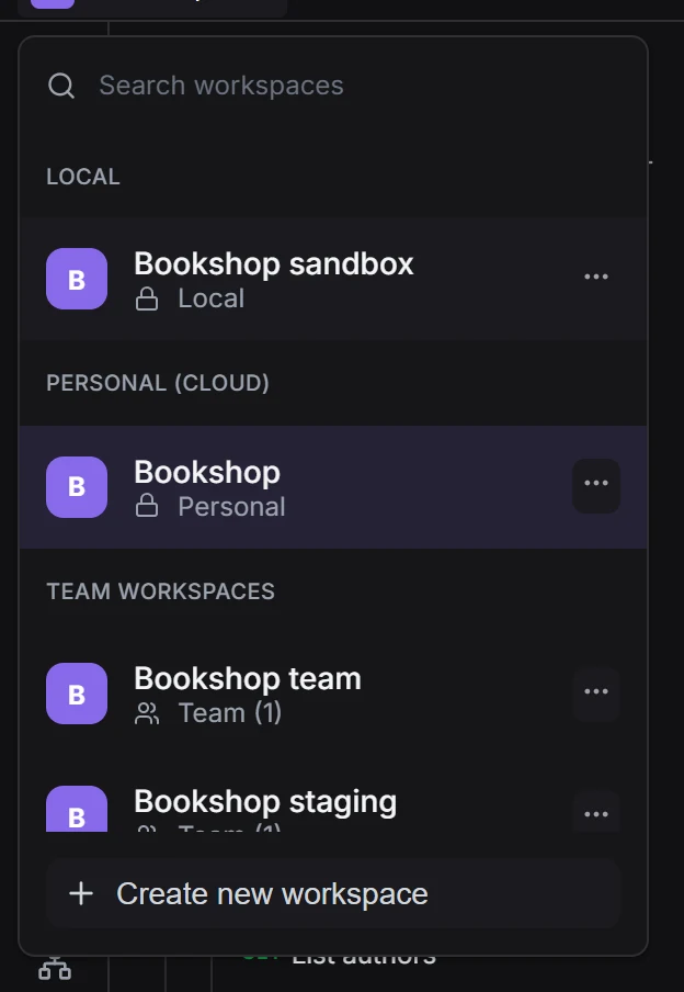 The workspace switcher open, with Local, Personal (cloud) and Team workspaces sections and the Bookshop workspace active